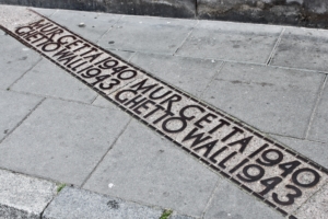 Marker of the Warsaw Ghetto wall on the street